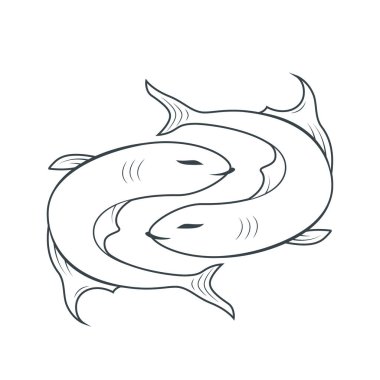 Siyah burç burcu Balık burcunda iki balığın zıt yönlere hareket ettiğini gösteriyor. Astroloji işaretinin tasviri. Vektör düz tasarım simgesi.