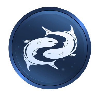 Siyah zodyak işareti iki balığın zıt yönlere hareket ettiğini gösteriyor. Astroloji işaretinin tasviri. Vektör düz tasarım simgesi.