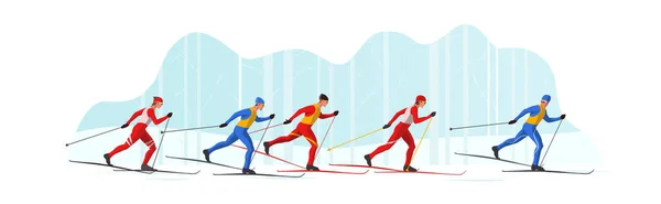 Spor giyimli kayakçılar kayak pistleri ve kayaklar kullanarak kayak yapıyorlar. Sporcular kış sporları yarışmasına katıldılar.
