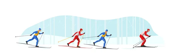 Лижники в спортивному одязі катаються на лижах з використанням лижних полюсів та лиж. Спортсмени беруть участь у зимових спортивних змаганнях . — стоковий вектор