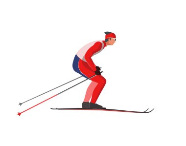 Kırmızı spor giyimli bir kayakçı kayak sopası ve kayak takımlarıyla kayak yapıyor..