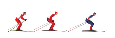 Spor giyimli kayakçılar kayak pistleri ve kayaklar kullanarak kayak yapıyorlar. Sporcular kış sporları yarışmasına katıldılar.