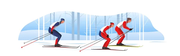 Les skieurs en vêtements de sport skient avec des bâtons de ski et des skis. Les athlètes participent à la compétition de sports d'hiver. — Image vectorielle