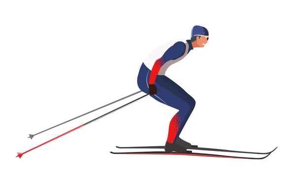 Un skieur en tenue de sport rouge skie avec des bâtons de ski et des skis. — Image vectorielle