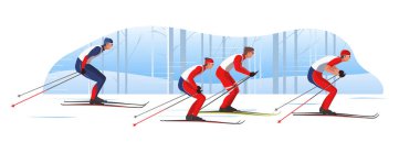 Spor giyimli kayakçılar kayak pistleri ve kayaklar kullanarak kayak yapıyorlar. Sporcular kış sporları yarışmasına katıldılar.