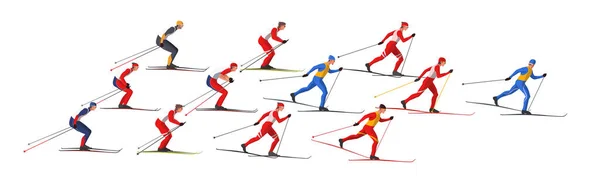 Spor giyimli kayakçılar kayak pistleri ve kayaklar kullanarak kayak yapıyorlar. Sporcular kış sporları yarışmasına katıldılar.