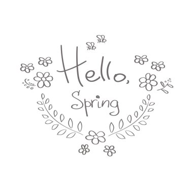 Merhaba bahar el çizimi çiçek unsurları dekorasyonlu metin.