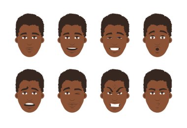 Farklı ifadelere sahip bir grup Afro-Amerikan erkek yüzü. Vektör düz tasarımı