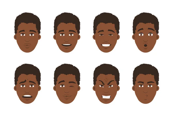 Conjunto de rostros de hombres afroamericanos con diferentes expresiones. Diseño plano vectorial — Vector de stock