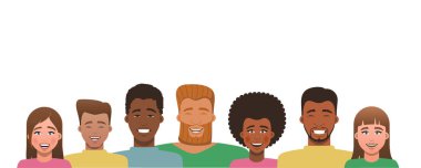 Farklı yaşlarda, milletlerde, inançlarda ve cinsiyetlerde insanlar bir arada durur ve güler ya da geniş bir şekilde gülümserler. Bir slogan ya da ilham verici bir mesaj için insanlığın birlik ve kopyalama alanı. Vektör