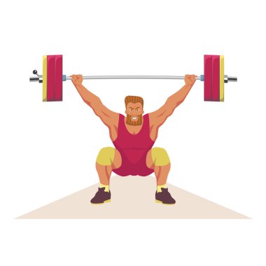 Yarı çömelmiş bir sporcu iki eliyle barı tutuyor. Korkunç bir ifadeye sahip bir halterci başının üstünde bir halter tutar. Halter yarışması sahnesi. Vektör düz tasarımı.