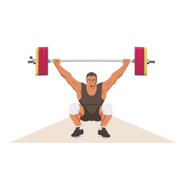 Yarı çömelmiş bir sporcu iki eliyle barı tutuyor. Korkunç bir ifadeye sahip bir halterci başının üstünde bir halter tutar. Halter yarışması sahnesi. Vektör düz tasarımı.