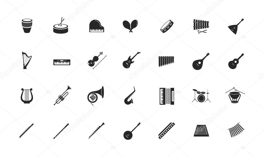 Icon set of musical instruments. Drum section, wind instruments, strings, percussion. Vector flat design black symbols of music isolated on transparent background.