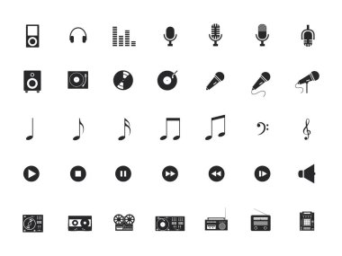 Müzik ekipmanı vektör simgeleri ayarlandı. Radyo, mikrofon, hoparlör, not, düğmeler, ses kaseti, DJ uzaktan kumanda, karıştırma konsolu, trible anahtar, kulaklık, vinil kayıt, oynatıcı, ses, eşitleyici.