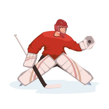 Koruyucu spor giyim ve kask giyen buz hokeyi kalecisi hokey sopasıyla bir disk yakaladı. Vektör düz tasarım çizimi. Şeffaf arkaplanda karakter tasarımı