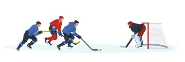 Hokey maçı sahnesi. Oyuncu rakibinin kalesine saldırır. Kaleci diski izliyor. Atletler sopayla spor koruyucu giysiler giyer ve buz üzerinde paten kayar ve maç sırasında bir hücum oyuncusunu kovalarlar..