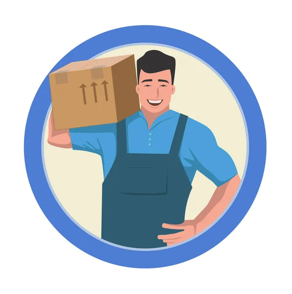 Mover Blue Shirt Overalls Box His Hands Stands Smiles Front — Stock Vector