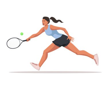 Kadın tenisçi topa vurmak için şeffaf arka planda izole edilmiş bir raketle koşar. Sportsperson tenis oynuyor, forehand kullanarak topa vurmaya çalışıyor..