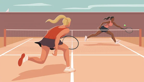 女子テニス選手は透明な背景に孤立したラケットでボールを打つために実行されます スポーツマンはテニスをし ボールに直接ジャンプしてフォアハンドで打とうとします マッチシーン — ストックベクタ