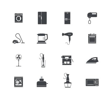 Elektrikli ev aletleri simgeleri ayarlandı. Beyaz şeffaf arkaplanda siyah doldurulmuş semboller. Vektör düz tasarımı.