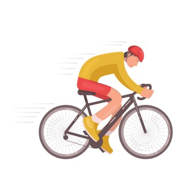 Kasklı genç bir adam bisiklet sürüyor. Spor aktivitesi. Sporcu şeffaf beyaz arka planda izole edilmiş bir bisiklete biniyor. Vektör düz tasarım yan görünümü.