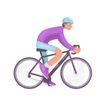 Kasklı genç bir adam bisiklet sürüyor. Spor aktivitesi. Sporcu şeffaf beyaz arka planda izole edilmiş bir bisiklete biniyor. Vektör düz tasarım yan görünümü.