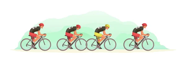 Vista lateral del torneo de ciclismo. Los ciclistas persiguen al líder de la carrera. — Vector de stock