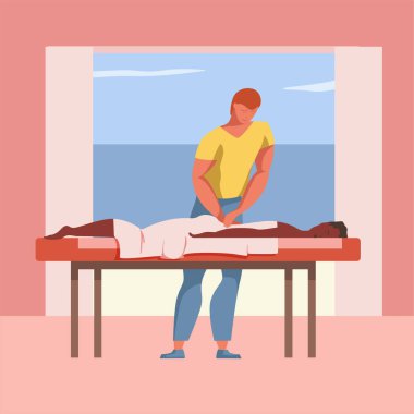 Reiki tedavi vektörü düz tasarım çizimi. alternatif tıp sahnesi