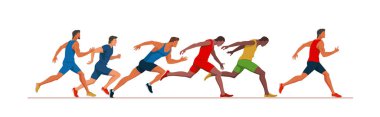 Atletizm sahnesi. Erkekler koşu yarışı. Bitiş çizgisinde koşucular. Bitiş çizgisinde koşan ve zafer için savaşan sporcular. 100 metre yarışması. Vektör düz tasarım çizimi.