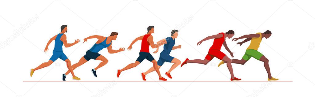 Athletics scene. Men's track race. Runners at Finish line. Athletes running and fighting for the victory at the finish line. Track 100 meters competition. Vector flat design illustration.