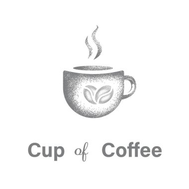 Üzerinde kahve çekirdeği resmi olan şirin bir fincan beyaz arka planda izole edilmiş. Vektör illüstrasyonu