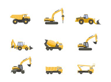 Cunstruction araç seti. Beyaz şeffaf arkaplanda izole edilmiş vektör düz tasarım kamyonları.