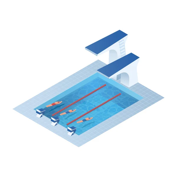 競泳者と競泳プール 透明背景のベクトル等角図 水泳大会 — ストックベクタ