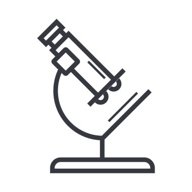 Siyah çizgili mikroskop. Bilim, eğitim ve bilgi vektörü ikonu. Tamamen düzenlenebilir vuruş beyaz şeffaf arkaplanda izole edildi.