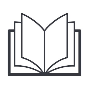 Siyah özet, açık kitap sembolü, eğitim ve bilgi vektörü ikonu. Tamamen düzenlenebilir vuruş beyaz şeffaf arkaplanda izole edildi.