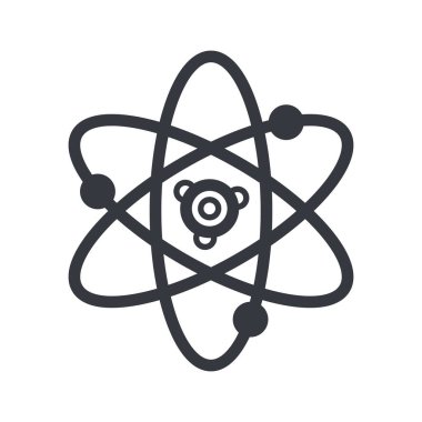 Siyah atom sembolü. Eğitim ve bilgi vektörü ikonu. Tamamen düzenlenebilir vuruş beyaz şeffaf arkaplanda izole edildi.