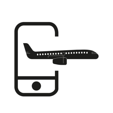 Uçakla seyahat etmenin siyah vektör simgesi. Telefonun içinde bir uçak sembolü var.