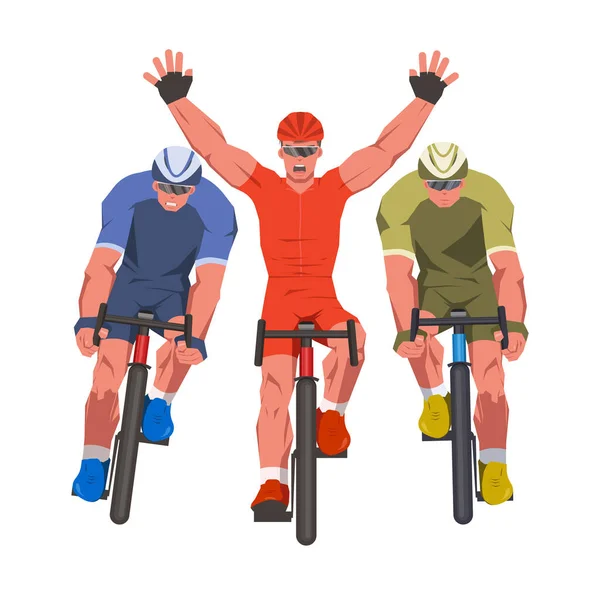 Hombres Carrera Bicicletas Los Ciclistas Línea Meta Están Luchando Por — Vector de stock