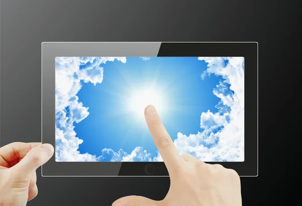 Black generic tablet pc in hands — Stock Photo, Image