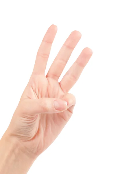 Mão feminina contando número três — Fotografia de Stock