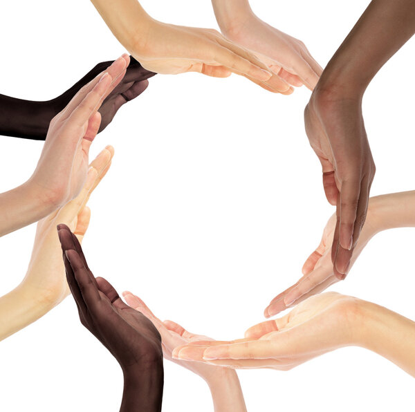 Conceptual symbol of multiracial human hands making a circle