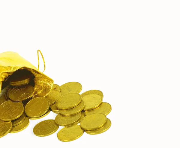 Ceny monet w złotych torba na białym tle — Zdjęcie stockowe