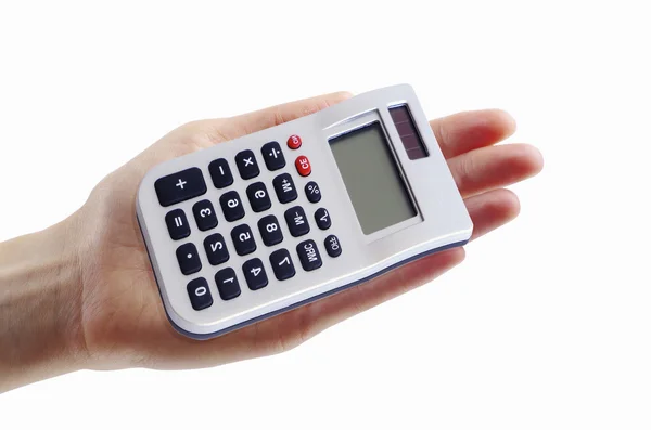 Calculator with hand isolated — Stock Photo, Image