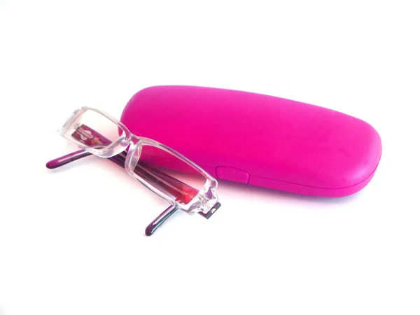 Szemüveg rózsaszín tokkal — Stock Fotó