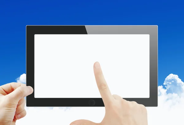 Zeigefinger auf Tablet-PC — Stockfoto