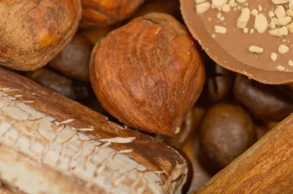 Chicchi di caffè, cannella e noci — Foto Stock