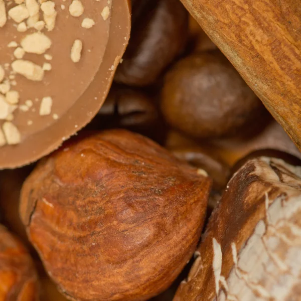 Coffee beans, cinnamon and nuts — Stock Photo, Image