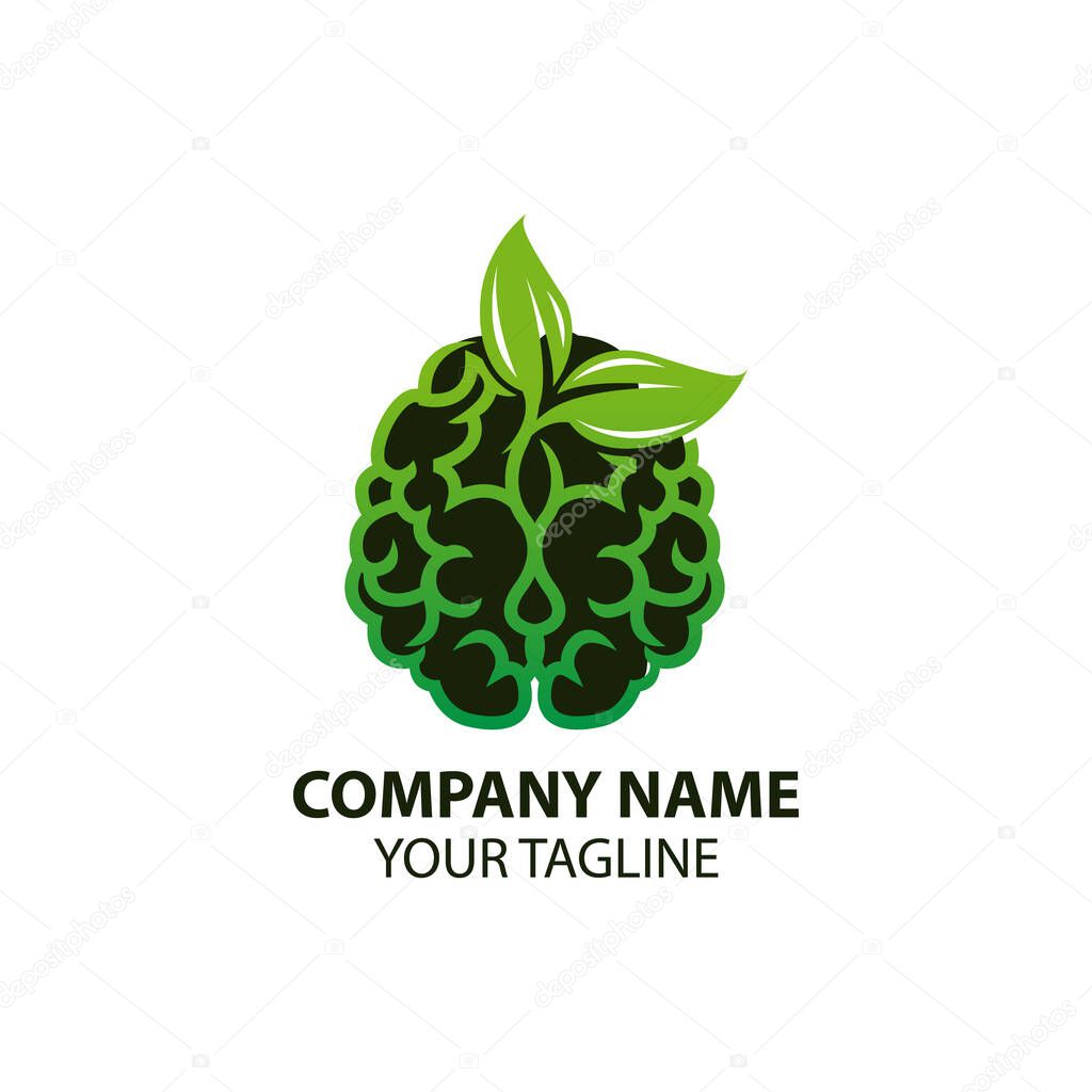 Brain with green leaves. Concept for organic, eco friendly products, stores or brands. Vector logo template.