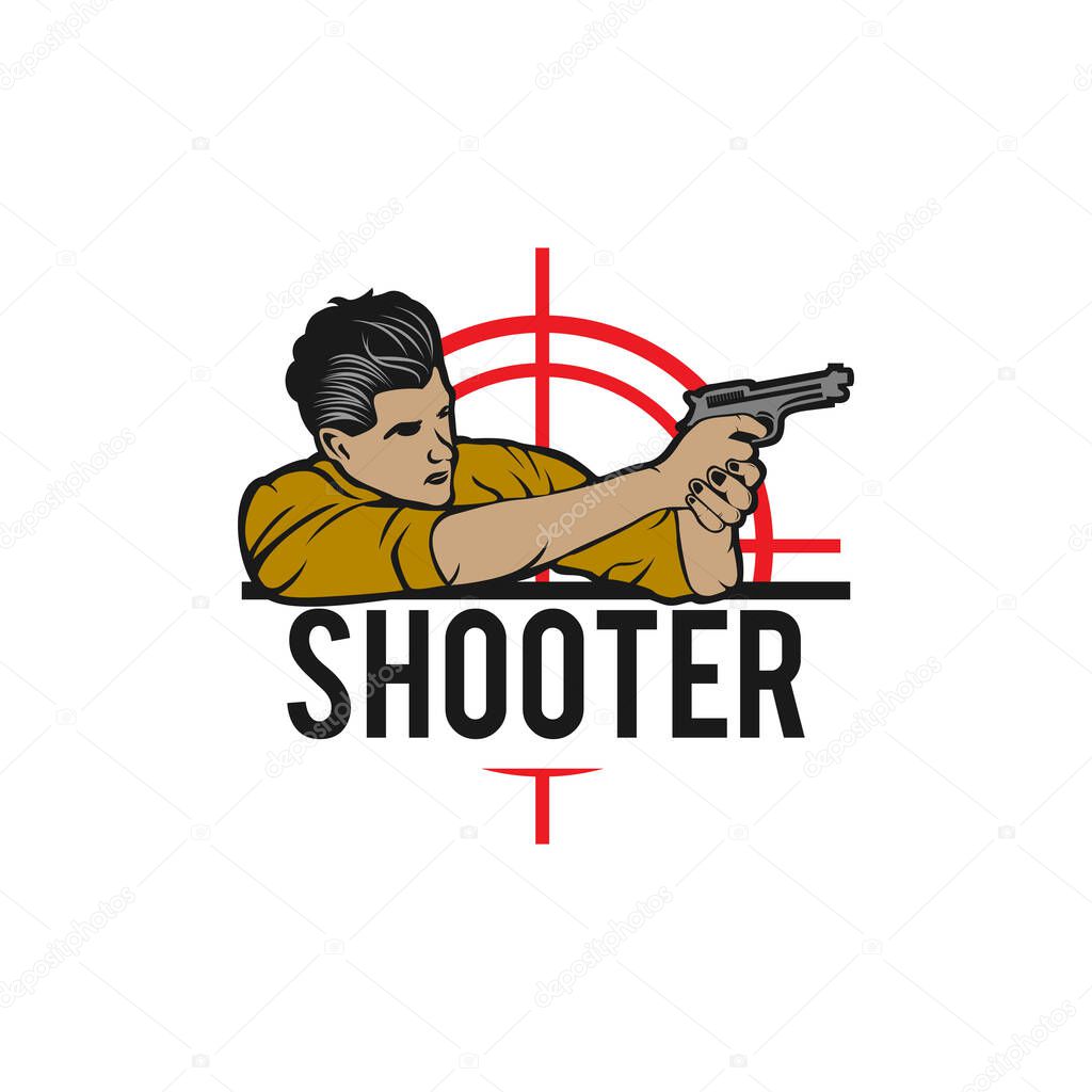 Special Forces soldier holds a pistol . Logo shooting club, military illustration.