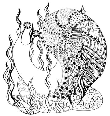 Salyangoz tasviri. Çimlerdeki kayalıklardaki bir salyangoz. Eskiz. Beyaz arka planda izole edilmiş salyangoz